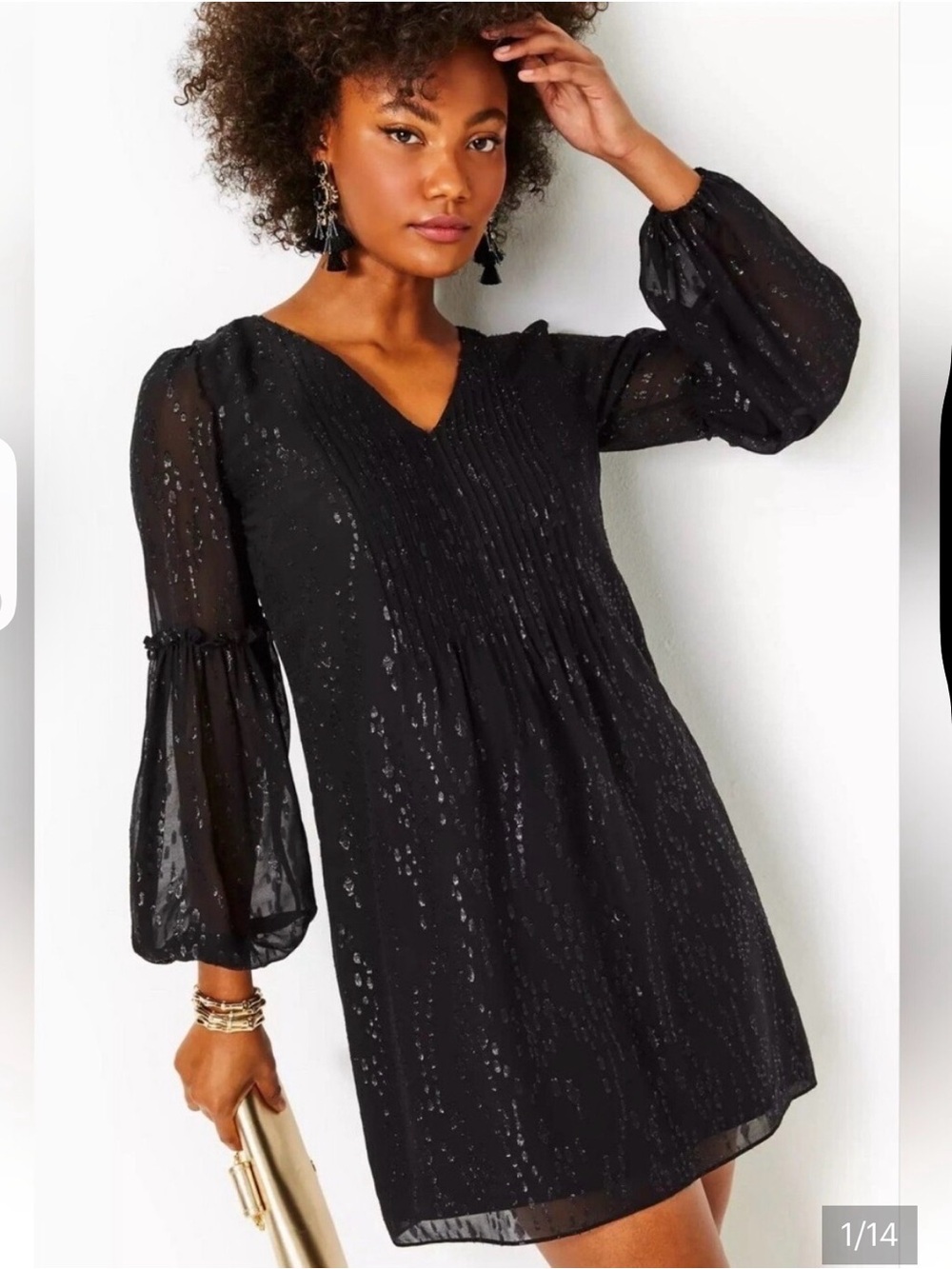 Lilly Pulitzer Black V-Neck Pintuck Metallic Dot dress-shell silk